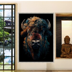 Vibrant Buffalo Portrait Canvas, Abstract Animal Wall Art, Colorful Bison Face, Wildlife Canvas Decoration, Modern Rustic Home Art image 5