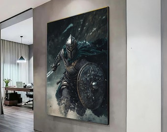 鎧を着た勇敢な騎士のキャンバス、中世の戦士の壁アート、壮大な戦闘シーン、ファンタジーの盾と剣のキャンバス、ダークヒーローの装飾
