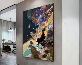 Lienzo con escena de meditación cósmica, arte espacial surrealista, arte mural con paisaje galáctico, lienzo de fantasía abstracta, decoración contemporánea para el hogar.