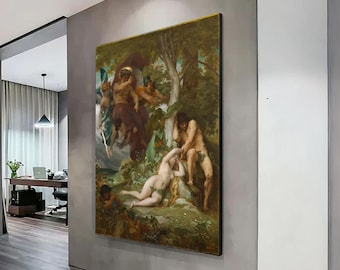 Klassiek Adam en Eva-uitdrijvingsdoek, mythologische tuinscène, kunstreproductie, bijbelse muurkunst, natuur- en figuratief canvas