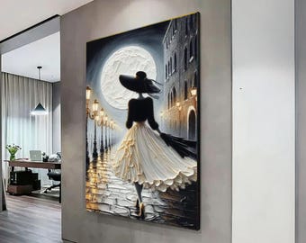 Elegant Woman in Vintage Dress Canvas, Moonlit Night Street Art, Fashion Silhouette Wall Decor, Impressionist Canvas, Home Decoration
