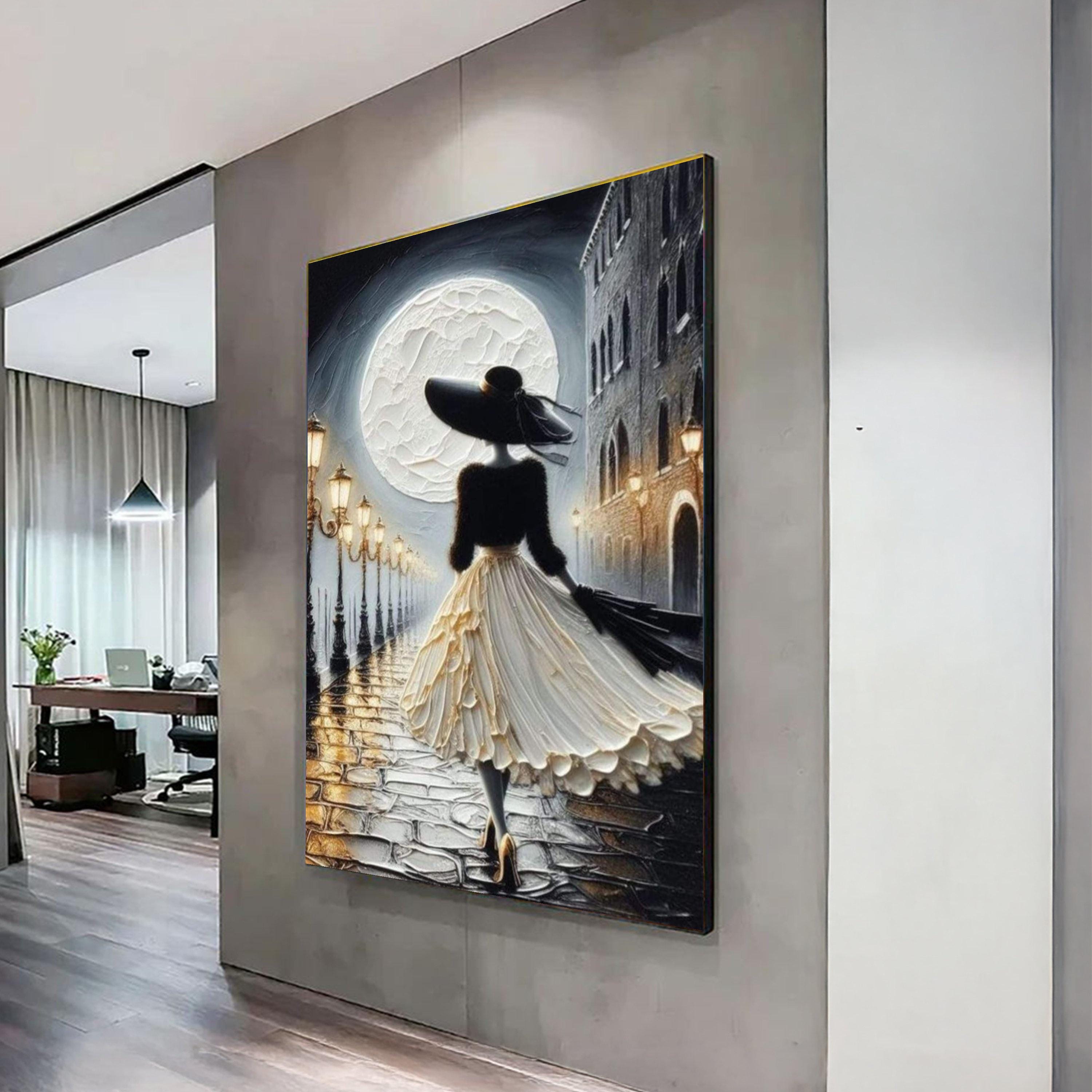 Elegant Woman in Vintage Dress Canvas, Moonlit Night Street Art