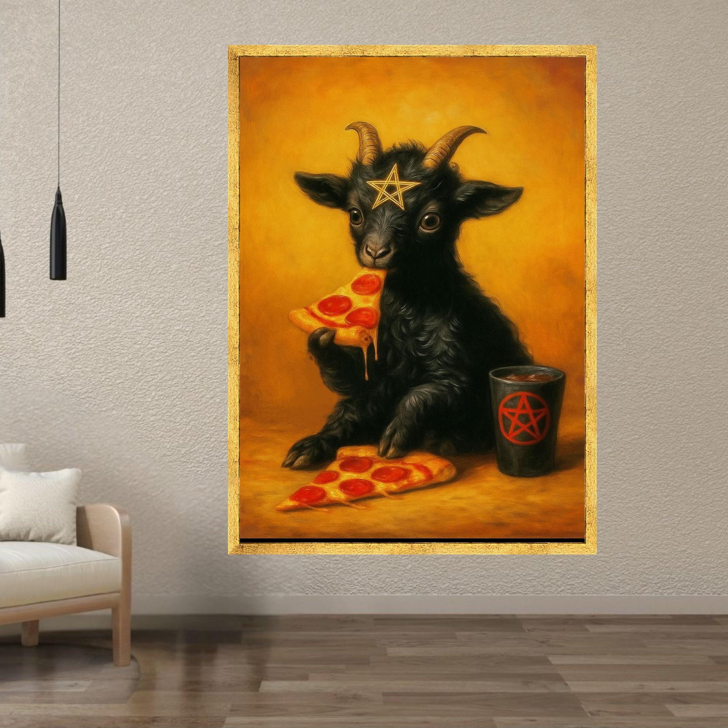 Cute Black Goat Eating Pizza Canvas, Whimsical Animal Wall Art