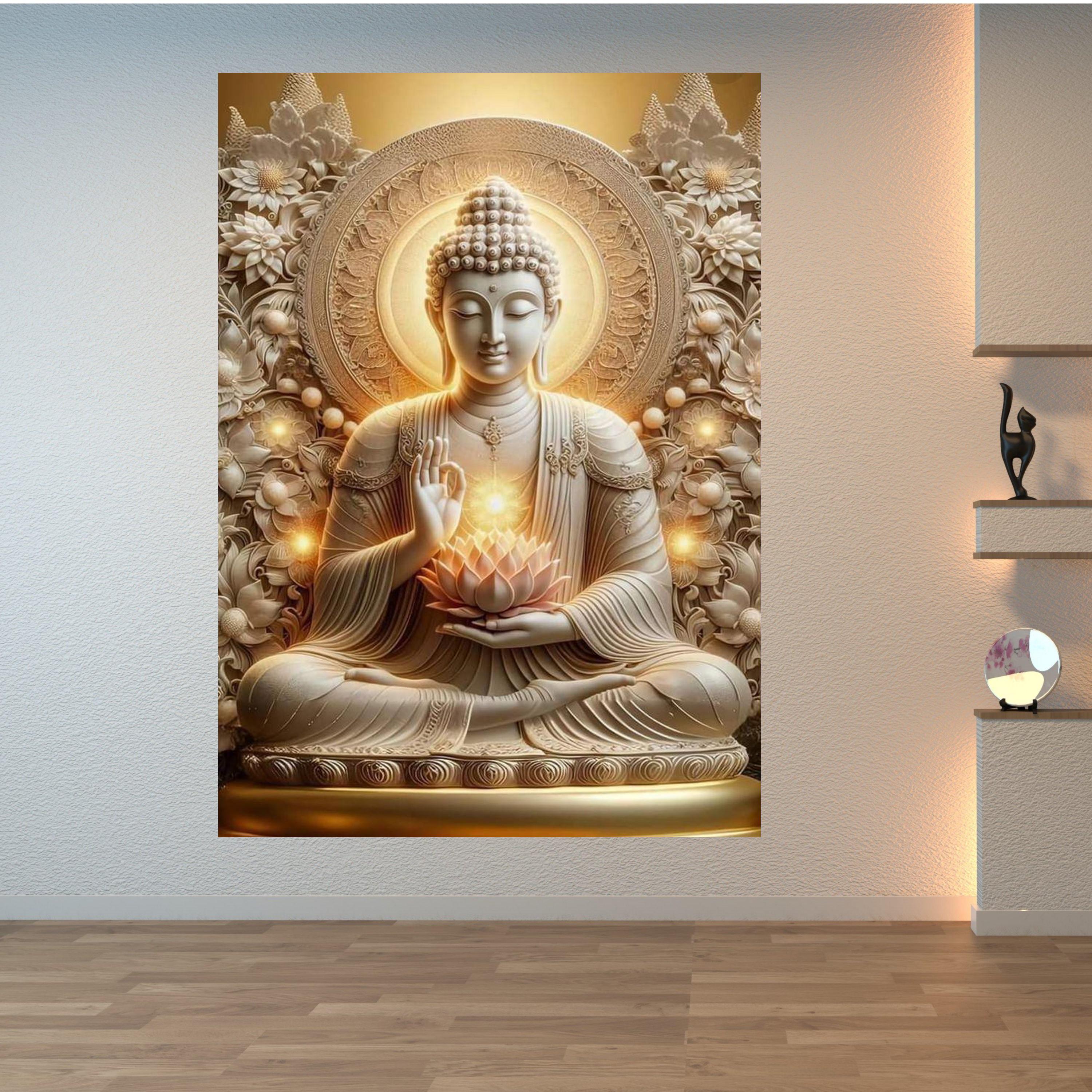 Golden Buddha Meditation Canvas, Spiritual Wall Art, Zen Lotus Flower ...