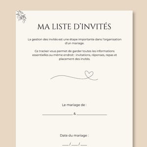 May include: A wedding guest list tracker document with the text Wedding Guest List Tracker, Organisez la liste des invités facilement, Ma Liste d'Invités, PDF instantané, and À imprimer chez soi, featuring a floral line art design.