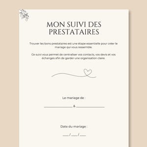 Peut inclure: Un document de suivi des prestataires de mariage avec le texte Wedding Vendor Tracker, Mon Suivi Des Prestataires, et un petit logo carré avec une illustration botanique. Le document inclut des champs pour les noms et dates, avec PDF.