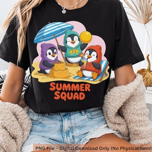 Letnia drużyna PNG | Uroczy zwierzęcy clipart | Kawaii Penguin svg | Pingwin Dino | Clipart plażowy | Kreskówkowe pingwiny w bluzach z kapturem | Letni wydruk artystyczny