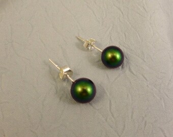 Green Crystal Pearls 8mm Earrings on Silver Posts