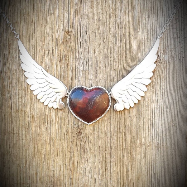 currently unavailible ~please do not order~Sterling silver and scottish jasper winged heart pendant, necklace.