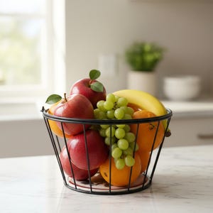May include: A black wire fruit basket filled with fresh fruit. The basket contains red apples, green grapes, oranges, and a yellow banana. The fruit is arranged in a decorative manner, suggesting a healthy snack or kitchen decor.