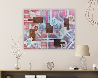 Textured Leaf Collage Canvas Art: Monoprint Oil Paint Nature Decor