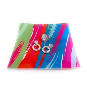 Colorful square glass tray for vanity, eclectic jewelry holder, best seller 2022, office desk accessories, Birthday gift for friend