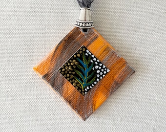 Orange Statement Necklace: Hand-Painted Canvas Leaf Pendant