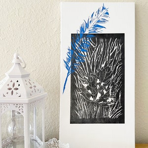 Linocut canvas art, blue and black linocut print, linocut leaf texture art home decor, nature texture art, housewarming gift