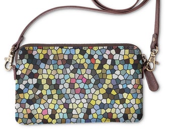 Mosaic Crossbody Bag: Leather & Canvas Boho Sling Purse