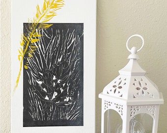 Linocut canvas art, yellow and black linocut print, yellow feather art, linocut leaf texture art home decor