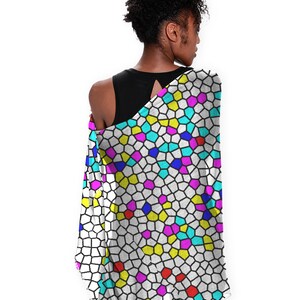 Bufanda de declaración de seda colorida, bufanda multicolor geométrica para mujeres, urdimbre de hombro estampada brillante de seda pura, regalo ecológico para amigos