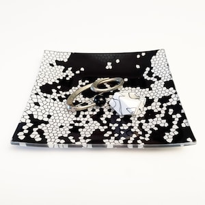 Black and white square glass tray for vanity, eclectic jewelry holder, best seller 2022, office desk accessories, Birthday gift for friend