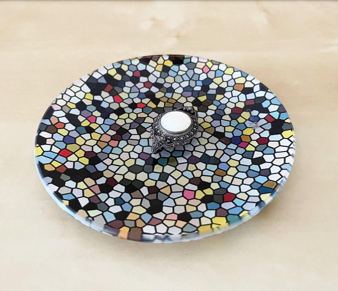 Glass Tray, Original Art Mosaic Glassware, Round Serving Tray or Jewelry Tray, Luminescent