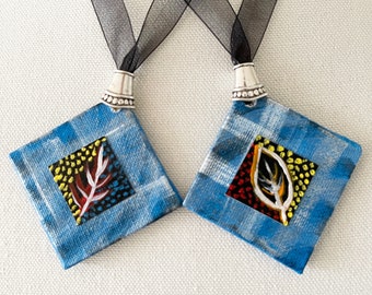 Blue Leaf Statement Necklace: Funky Painted Canvas, Organdy Ribbon