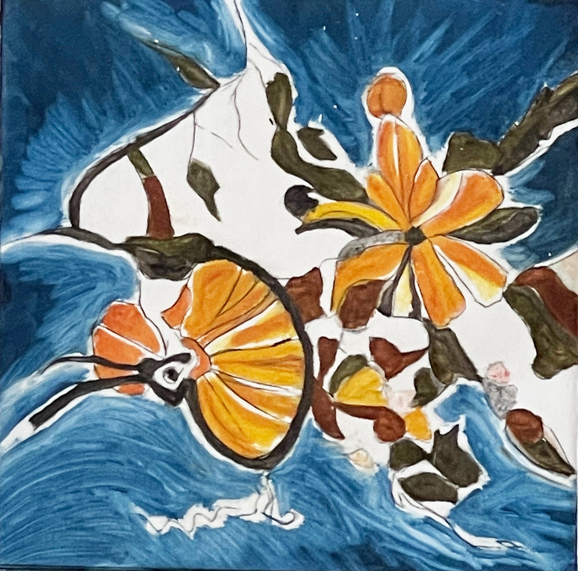 Blue and yellow floral wall art blue floral acrylic painting Etsy