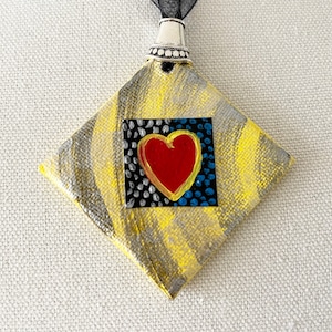 Yellow and red heart necklace, funky, retro statement necklace, gift for her, colorful birthday gift for friend