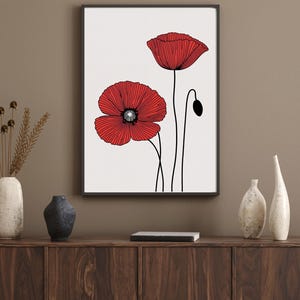 Impressão de desenho de papoula vermelha chique - Arte botânica minimalista contemporânea - Pôster floral estiloso para escritório em casa