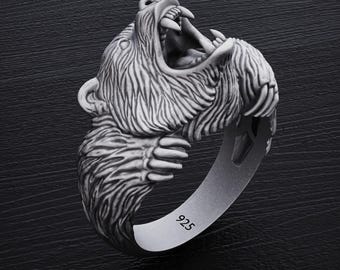 Sterling Silver Roaring Bear Ring, Wild Animal Thumb Ring, Unique Bear Head Jewelry, Handmade Gift for Bear Lovers, Nature Inspired Ring