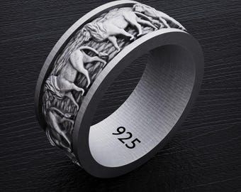 Lion Pattern Ring, 925 Sterling Silver Repeating Lion Design Band, Oxidized Medieval Ring for Men, Bold Statement Animal Jewelry Gift
