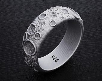 Moon Crater Ring, 925 Sterling Silver Lunar Surface Ring, Textured Oxidized Moon Ring for Men and Women, Space Inspired Celestial Jewelry