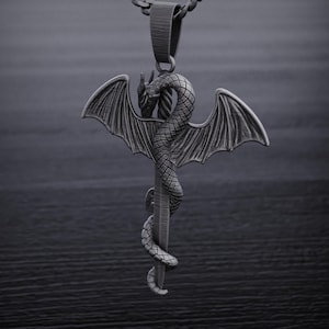 Dragon Sword Pendant, Sterling Silver Dragon Necklace For Men, Fantasy Sword Jewelry, Gothic Dragon Charm, Gift For Him, Dragon Fire Pendant