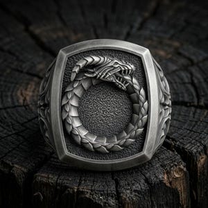 Puede incluir: Un anillo de tono plateado con una cara rectangular que presenta un relieve detallado de una serpiente o dragón mordiéndose la cola en forma circular. El metal tiene un acabado oscuro y oxidado con escamas y texturas intrincadas.