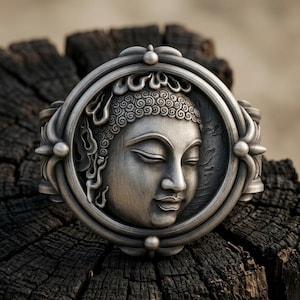 Puede incluir: Un brazalete circular de metal plateado que presenta un relieve detallado de una cabeza de Buda con los ojos cerrados y el cabello rizado. El marco circular central está rodeado por adornos metálicos simétricos en ambos lados de la banda.