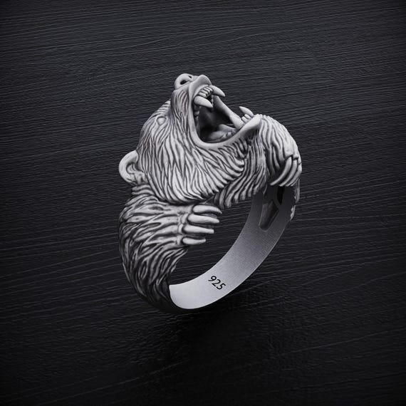 Sterling Silver Roaring Bear Ring, Wild Animal Thumb Ring, Unique Bear Head Jewelry, Handmade Gift for Bear Lovers, Nature Inspired Ring