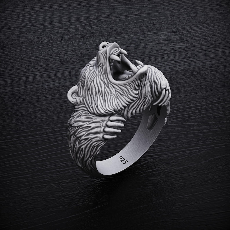 Sterling Silver Bear Head Ring, Gift for Nature Lovers, Roaring Silver Bear Ring
