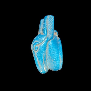 Op de afbeelding: Een turquoise hanger in de vorm van een gestileerde dierenkop, mogelijk een paard of ezel, tegen een zwarte achtergrond. De hanger heeft gedetailleerde gesneden kenmerken en een lus om op te hangen.