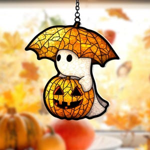Spookglas-in-lood-suncatcher: Halloween-raamdecor met pompoen