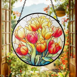 Colorful Tulip Stained Glass Suncatcher for Window Spring Floral Hanging Garden Flower Panel Gift for Nature Lovers