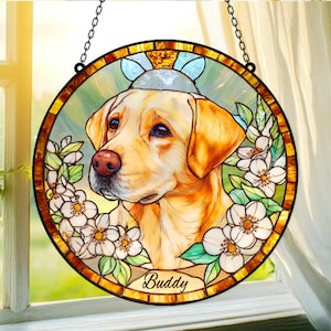 Custom Yellow Labrador Stained Glass Suncatcher: Pet Memorial Gift