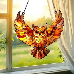 Stained Glass Owl Suncatcher with Outstretched Wings Detailed Bird Art Hanging Window Decoration Unique Wildlife Gift for Home or Garden