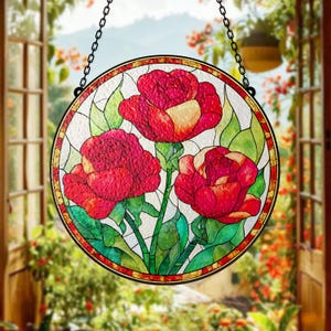 Red Rose Stained Glass Suncatcher for Window Romantic Floral Art Panel Spring Summer Garden Decor Gift for Flower Lovers