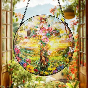 Stained Glass Cross Suncatcher: Christian Window Decor with Flowers