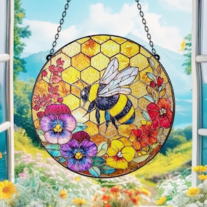 Colorful Bee and Flower Stained Glass Suncatcher, Honeycomb Window Hanging Decor for Nature Lovers, Summer Garden Gift Idea