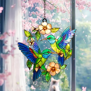 Stained Glass Hummingbird Suncatcher: Floral Wreath Window Hanging