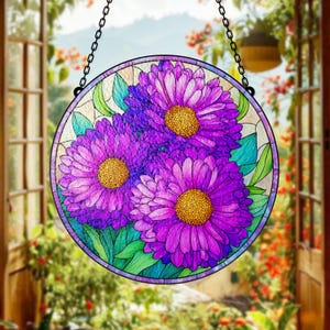 Purple Aster Flower Stained Glass Suncatcher for Summer Window Decor Vibrant Floral Panel Art for Garden Nature Lover Gift
