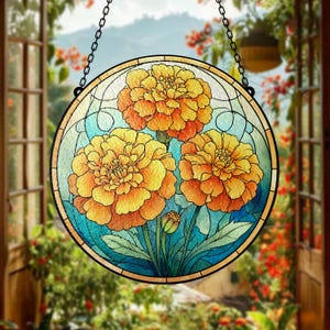 Marigold Stained Glass Suncatcher: Floral Window Hanging, Garden Decor