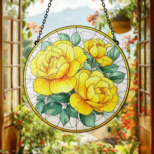 Yellow Rose Stained Glass Suncatcher for Window Floral Garden Hanging Panel Spring Summer Sunlight Home Decor Gift Idea