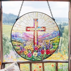 Stained Glass Cross Suncatcher: Wildflower Mountain Sunrise Window Decor