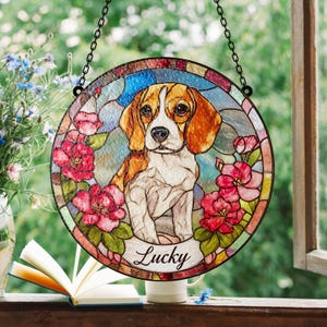Beagle Dog Suncatcher Stained Glass Style Window Hanging Custom Pet Memorial Gift with Flowers for Dog Lovers