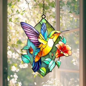 Stained Glass Hummingbird Suncatcher: Floral Window Hanging, Garden Decor